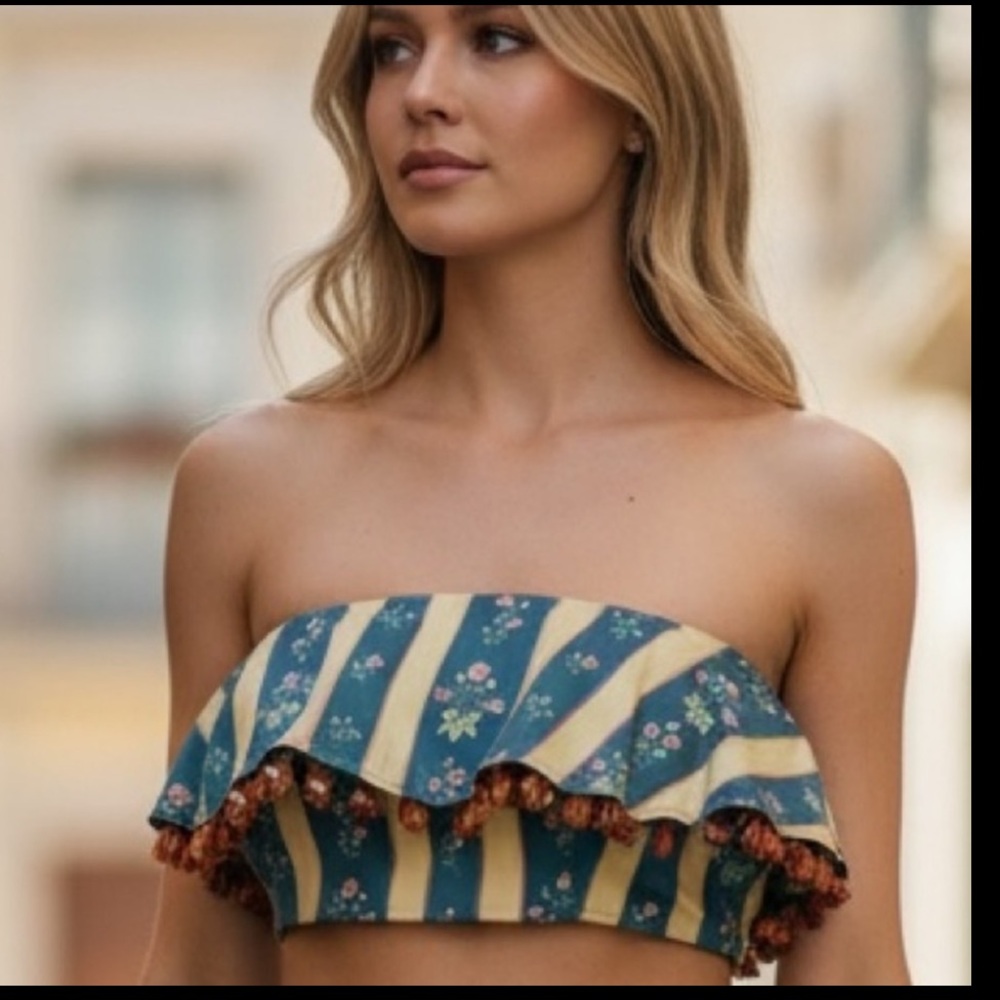 NWT WeWoreWhat Ruffle Beaded Floral Stripe Deep Storm Bandeau Size 12 Denim $89